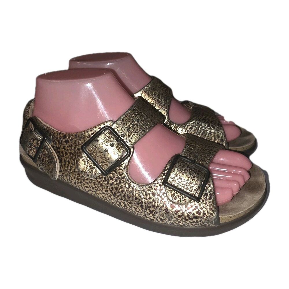 SAS RELAXED Sz8 Metallic Crackle Look Gold Triple Buckle Cushion Walking Sandals